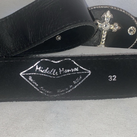 Michelle Monroe Black Leather Belt with diamond bezel cross - Picture 4 of 4